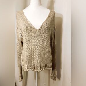 Fab’rik Long Sleeve V-Neck Camel Knit Distressed Open Back Sweater Size S/M